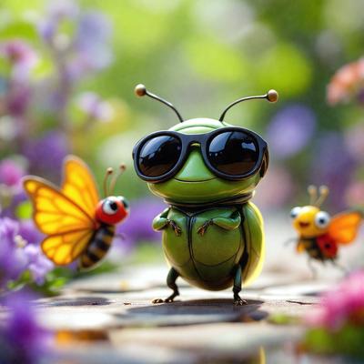 The primary subject of the image is a green insect, possibly a grasshopper or a dragonfly, wearing sunglasses and standing on a brick surface. The setting is a garden with a variety of flowers surrounding the insect. The visual style is a digital art or illustration, creating a whimsical and playful atmosphere. The colors are predominantly green, with the insect being the main focus, and the flowers adding a vibrant and lively touch to the scene.